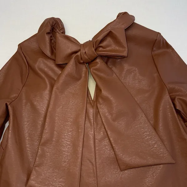 Tuckernuck Brown Coated Ruffle Neck Bow Back Blouse 3/4 Sleeve S - Image 6
