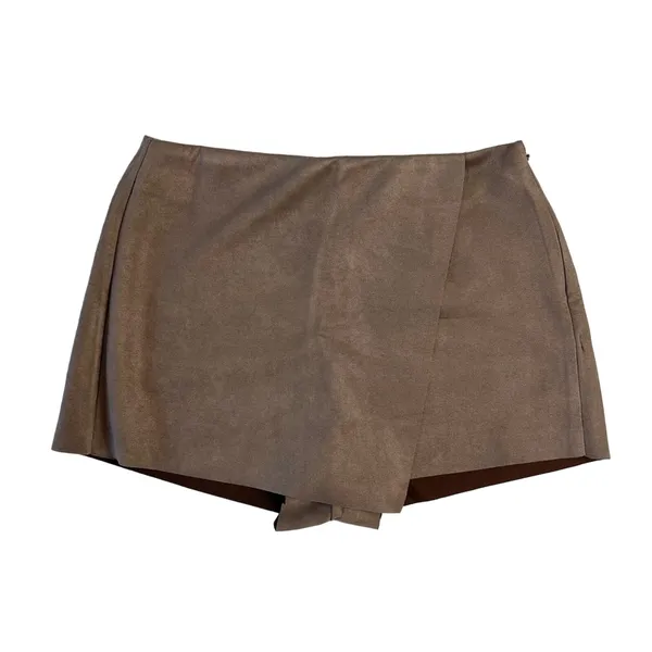 Y2k Faux Suede Wrap Skort Brown Large Mini Skirt Shorts Neutral - Image 3