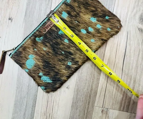 Cowhide Leather Wristlet Clutch W&G Hair Hide Turquoise Acid Wash wristlit purse - Image 6