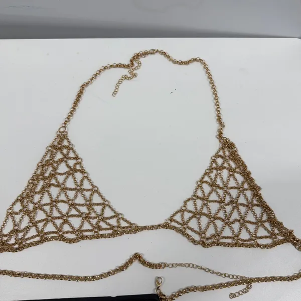 Gold Tone Geometric Chain Link Body Jewelry Halter Top Festival Rave Wear - Image 4