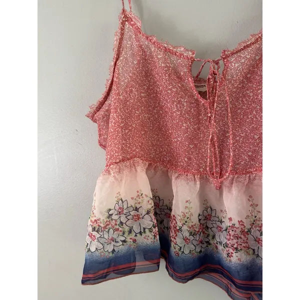 Arizona Jeans Sheer Mesh Floral Peplum Cami Top Size XL Red White Blue - Image 3