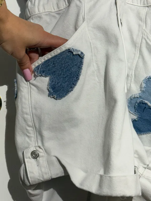We The Free White Patchwork Denim Shortalls with Light Blue Heart Patch - Image 11