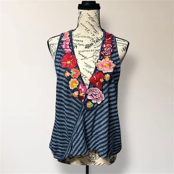 Free People XS Blue Striped Embroidered Faux Wrap‎ Tank Boho Floral Top Festival - Image 2
