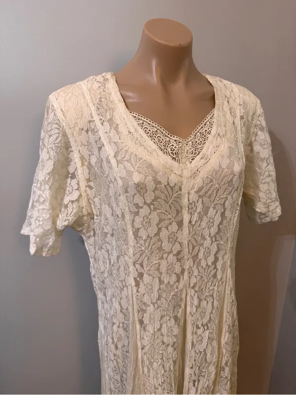 Starina Cream Lace Overlay Dress Large Floral Pleated Bridal Vintage Bohemian - Image 2