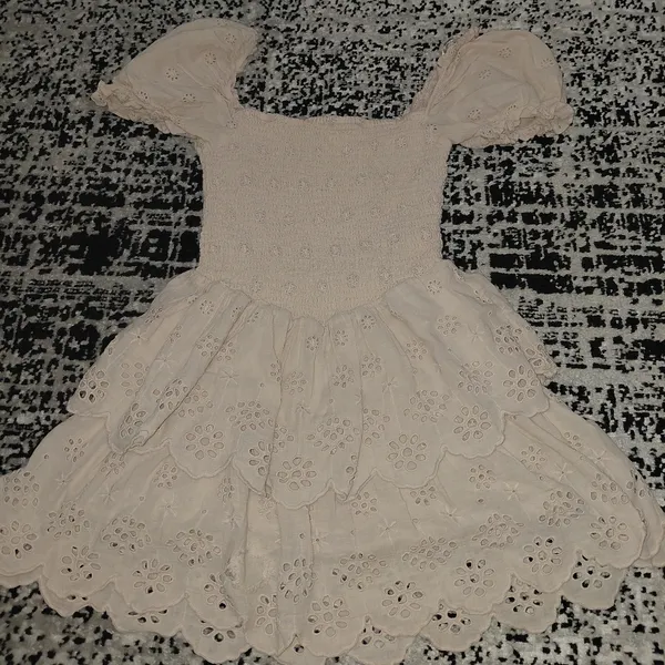 Bershka Size S Cream Tiered Ruffle Dress Eyelet Smocked Puff Sleeve - Image 4