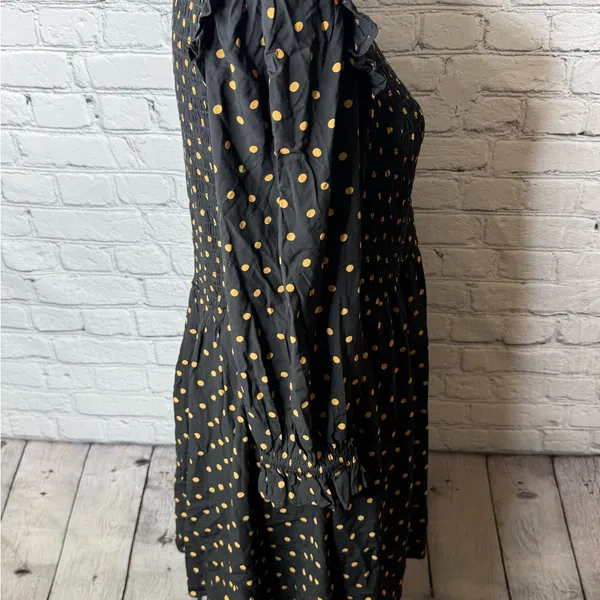 Madewell lucie smocked v neck mini dress Black Dress with Gold Dots size medium - Image 11