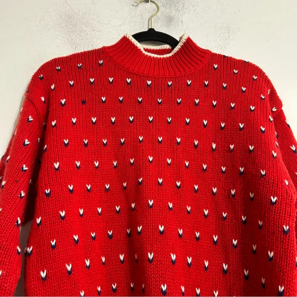 Vintage Red Knit Geometric Fair Isle Mock Neck Sweater Ski Nordic Winter - Image 2