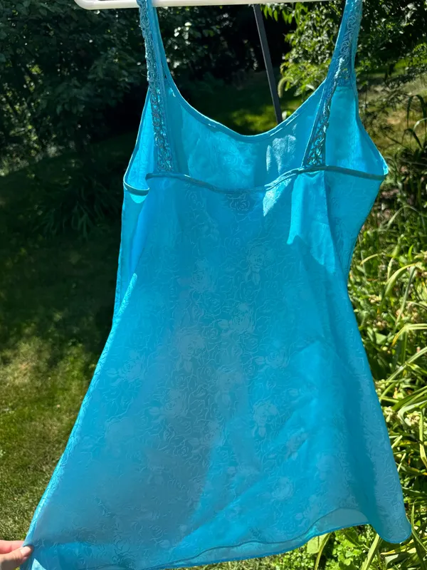 Blue Vintage Lace trim silky dress - Image 4