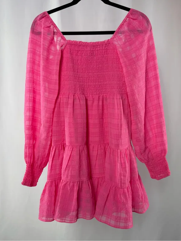 Urban Outfitters‎ Long Sleeve Smocked Bust Tiered Mini Dress in Pink Size Small - Image 5