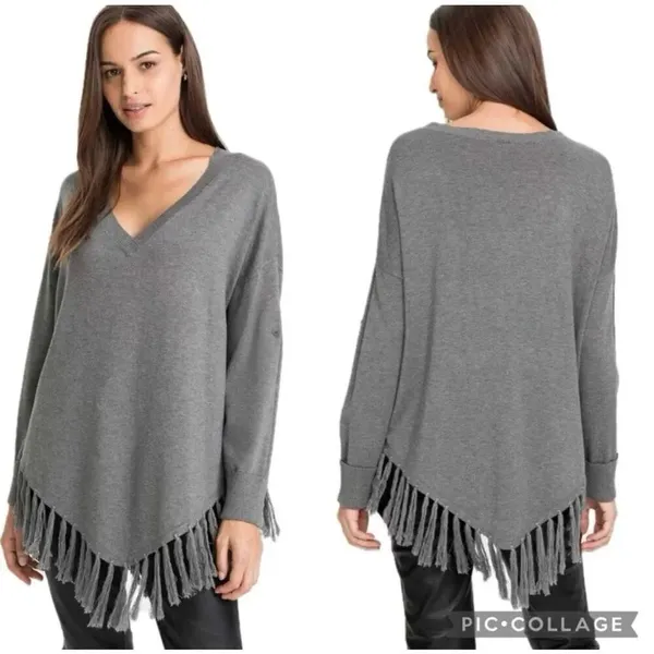 ✨VENUS Gray V-Neck Fringe Tassel Hem Button Cuff Sz S Poncho Sweater✨ - Image 7