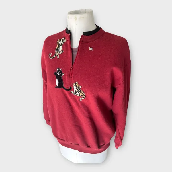Vintage 90s Cat 3/4 zip Sweatshirt Women's Large L Red Grandmacore Top Stitch - Image 3