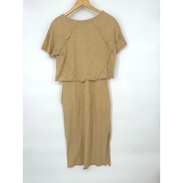 VOY Midi Dress S Tan Slub Knit Layered Raw Hem Boho Lagenlook Earthy Neutral - Image 4