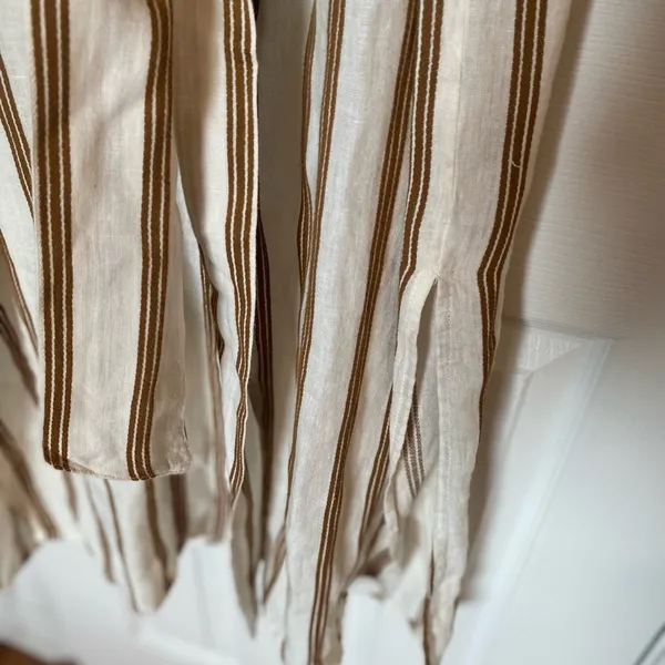 ZARA boho cream tan striped linen buttoned belted collared shirt midi dress XS - Image 7