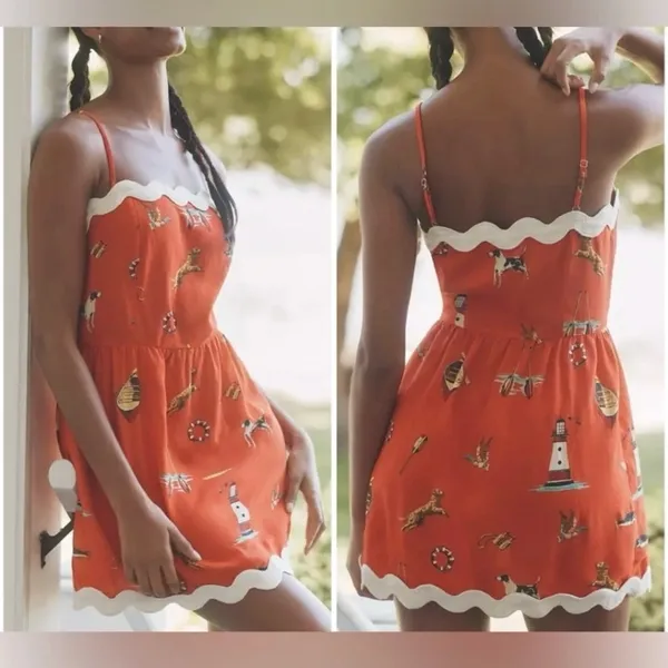 Anthropologie Celandine Linen-Blend Scalloped Mini Dress XXS Red Nautical - NWT - Image 2