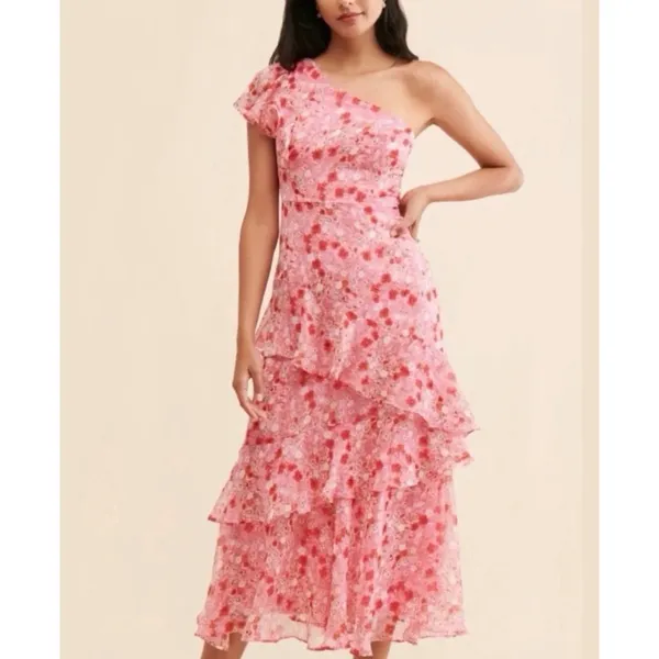 ASTR the Label Revolve One-Shoulder Pink Floral Ruffle Tiered Midi Dress Size M - Image 2