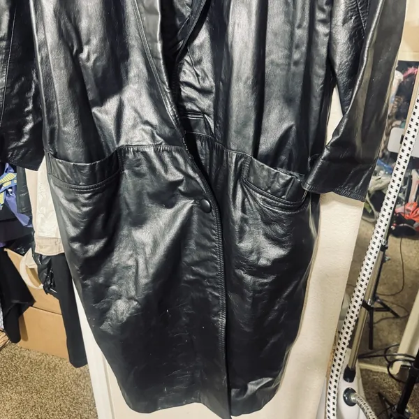 Vtg 90s Global Identity leather Coat womens L black Long 90s Trench Matrix Y2K - Image 3