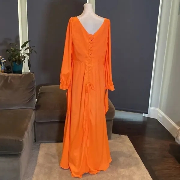 Women’s Orange Full Length Long Sleeve Dress Leg Slit Corset Back Size 14 *READ - Image 6