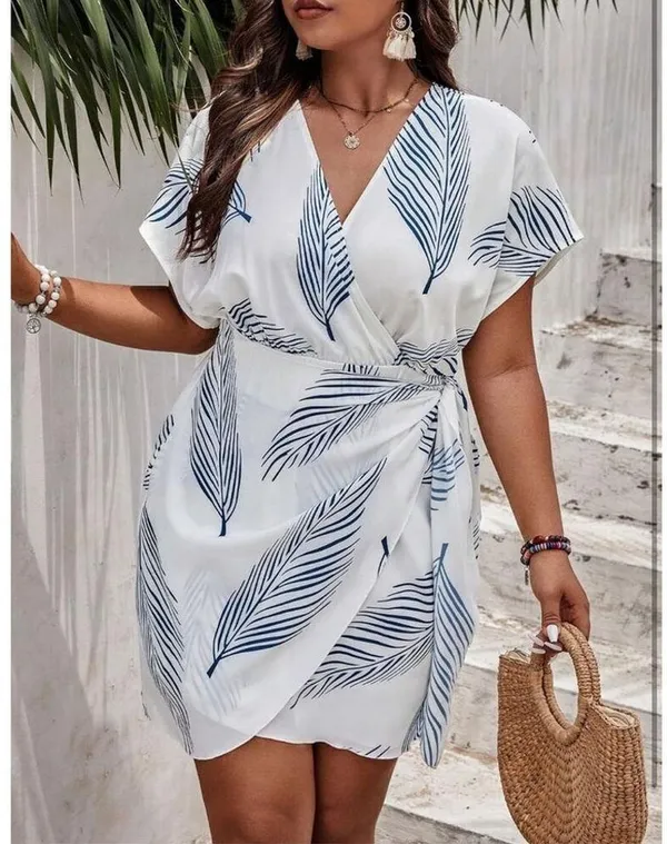 NEW Tropical Print V Neck Wrap Tie Side Short Sleeve Mini Dress 2X - Image 3