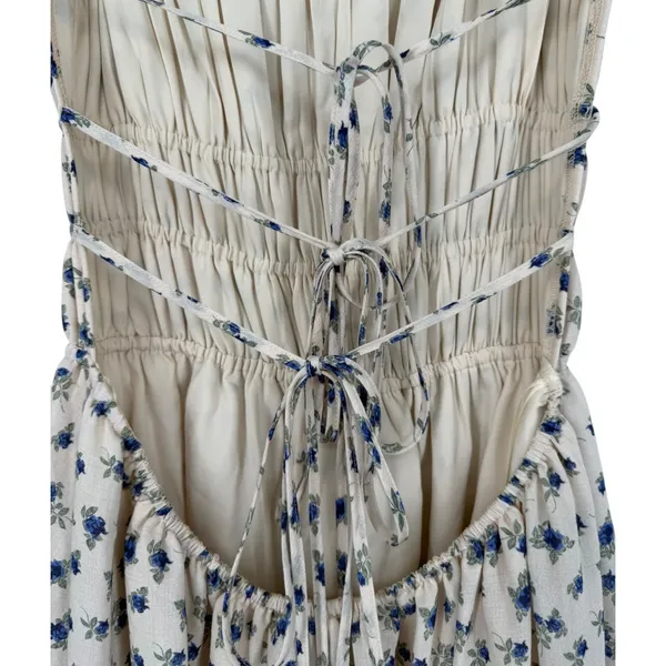 MABLE Analise Floral Smocked Open Back Lace Up‎ Maxi Dress Cream Blue Size Small - Image 11