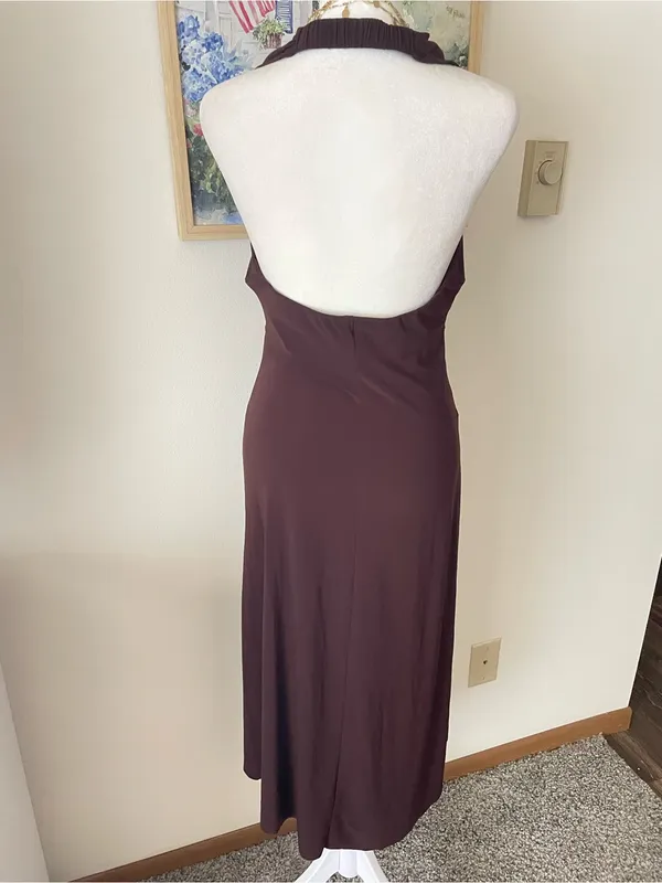 B. Smart Y2K Rhinestone Circle O-Ring Slinky Halter Midi Dress Chocolate Brown - Image 4
