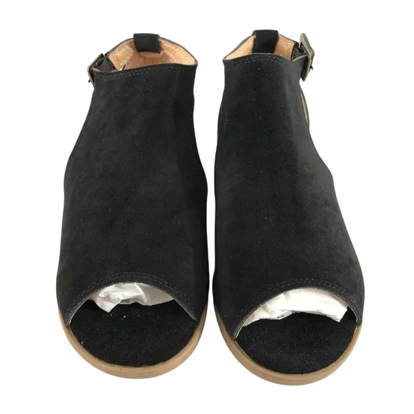 Womens Low Wedge Heel Shoes Faux Suede Peep Toe Buckle Black Size 36 US 5 - Image 2