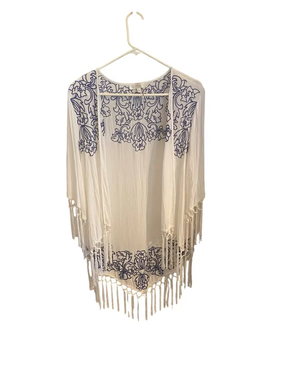 Entro Boho Embroidered Fringe Open Front Kimono Cardigan Cover-Up resortwear - Image 4