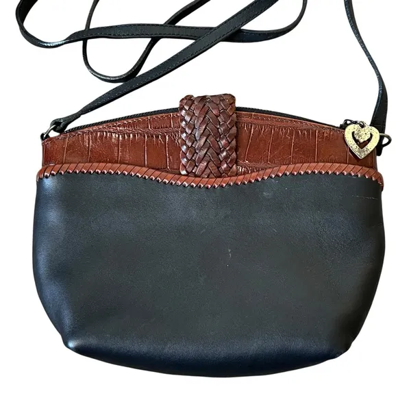 Brighton Vintage Crossbody Bag Black Leather Brown Croc Embossed Heart Accent - Image 5