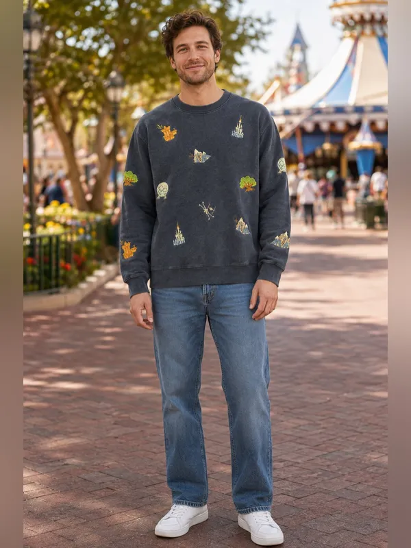 Disney Parks Embroidered Ride Icons Crewneck Sweatshirt Blue Fleece unisex men M - Image 3