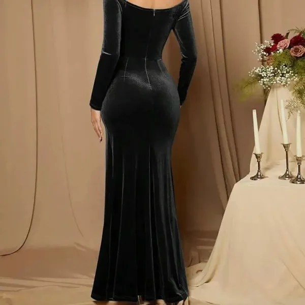 Goth Black velvet evening gown dress with thigh slit long sleeve size L - Image 2