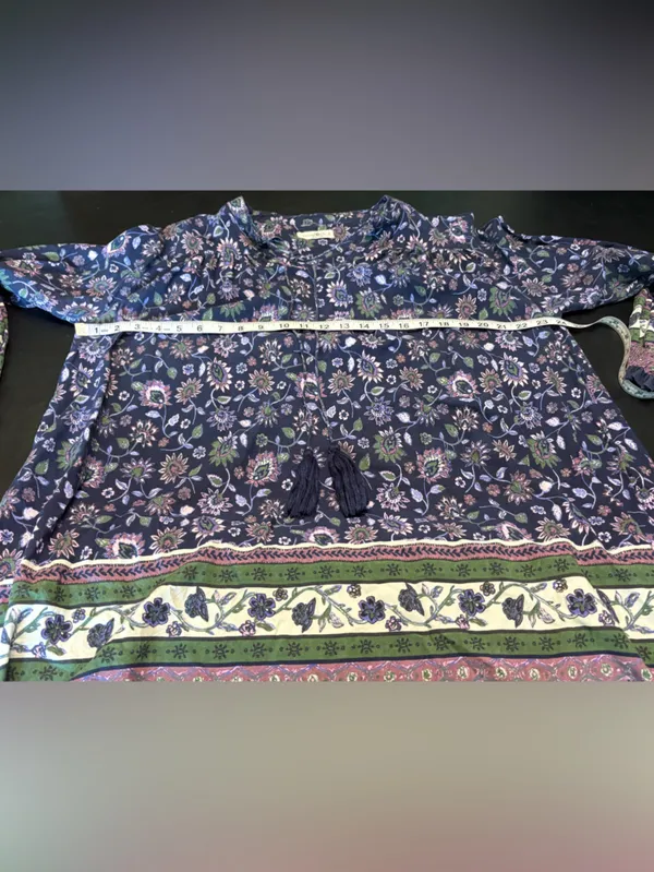 NATURAL LIFE Navy Floral Boho Tie-Neck Long Sleeve Tunic Dress size Small - Image 7