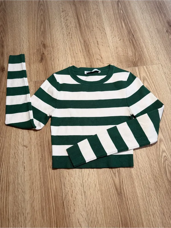 Zara‎ Dark Green & White Striped Long-Sleeve Cropped Tee size S - Image 2