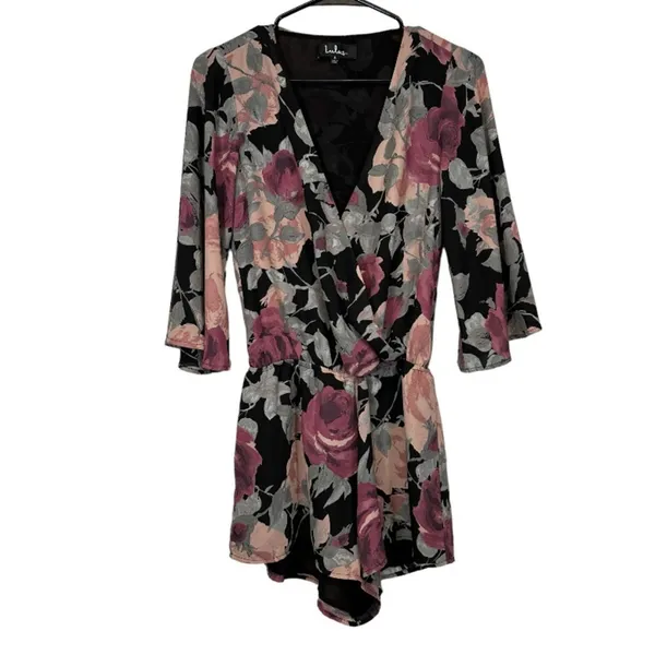 Lulus What’s Bloomin Bell Sleeve Black, Pink & Gray Floral‎ Romper Size S - Image 3