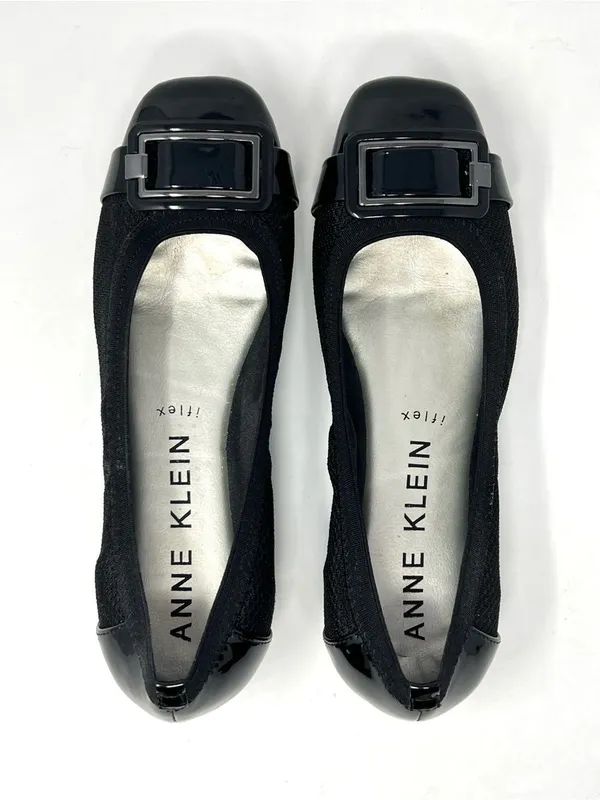 Anne Klein iFlex Akunice Black Knit Patent Ballet Flats Buckle 8M - Image 5