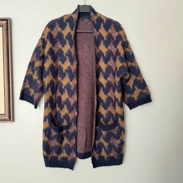 Lucky Brand Wool Blend Boho Longline lona Cardigan Brown/Navy Size Small - Image 3