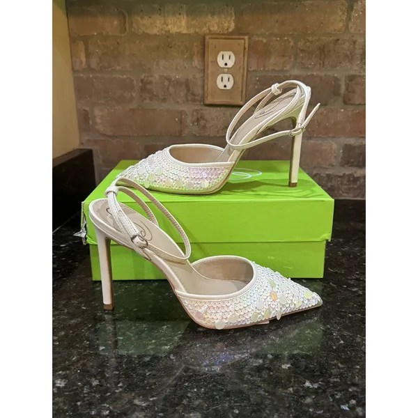 Sam Edelman Avril Pump Womens Ivory Sequin Ankle Strap Stiletto Heel Size 10 - Image 5