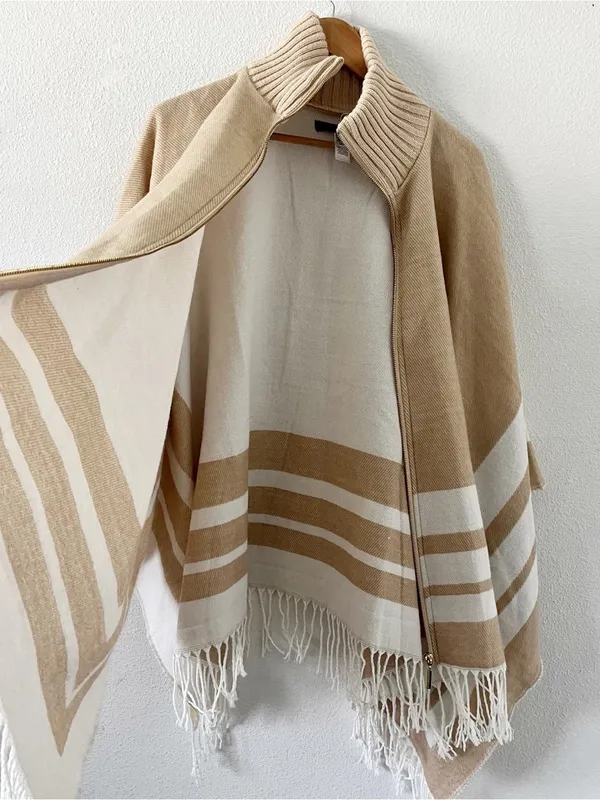 Marc New York Ivory Tan Oversized Gold Zip Up Fringe Hem Poncho - Image 5