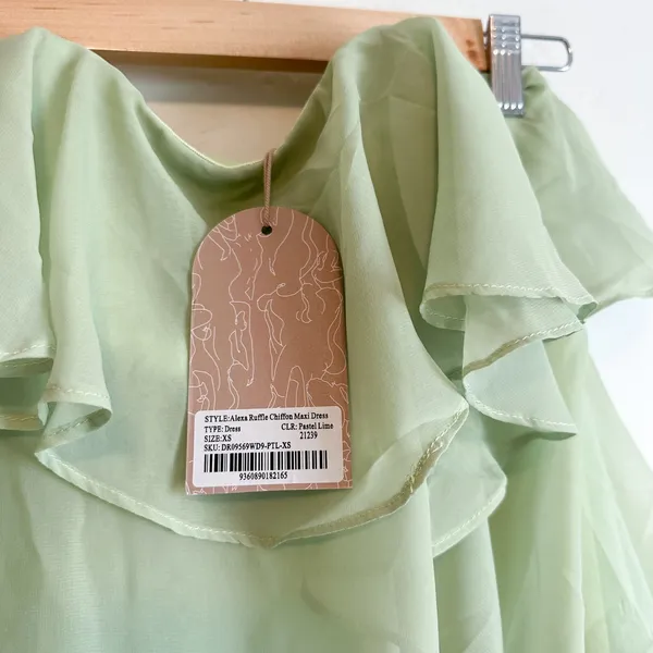 Meshki | NWT Alexa Ruffle Chiffon Strapless Maxi Dress in Pastel Lime | XS - Image 7