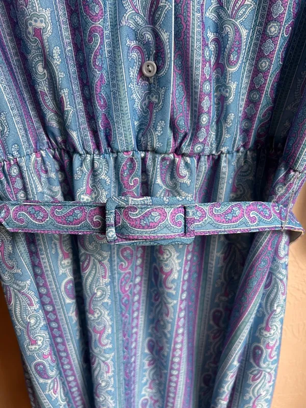 Vintage 80s blue paisley belted dress Size 10 - Image 7