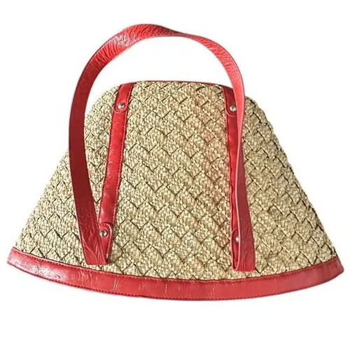 Coldwater Creek Woven Straw Tote Bag Red Leather Trim Flower Accent ‎ Vacation - Image 3