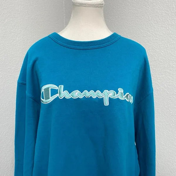 Champion Teal Turquoise Blue Crewneck Long Sleeve Sweatshirt Gym Sporty Comfy - Image 2