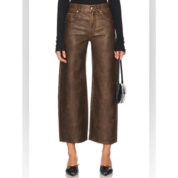 Free People We The Free Brown Faux Leather Misha Wide Leg Barrel Pants Sz.26 - Image 4