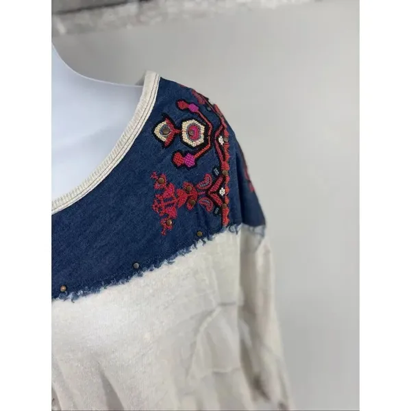 Free People We The Free Rio Henley Small Cream Navy Embroidered Indie Boho - Image 9