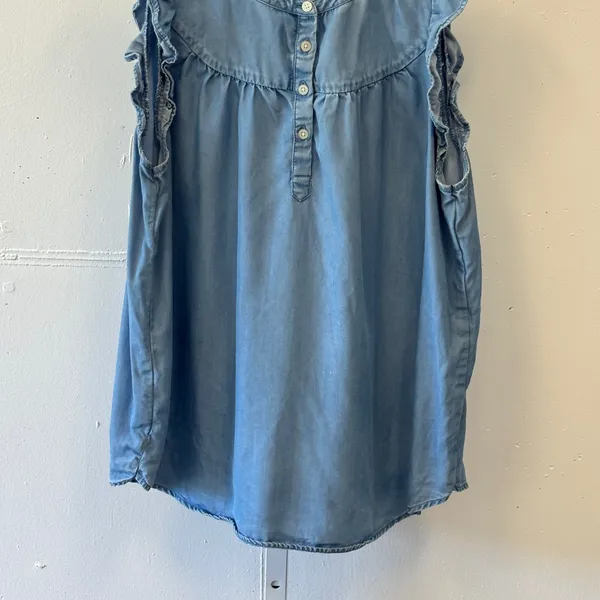 LOFT Blue Lyocell Chambray Ruffle Sleeve Henley Blouse Top Large Casual Office - Image 4