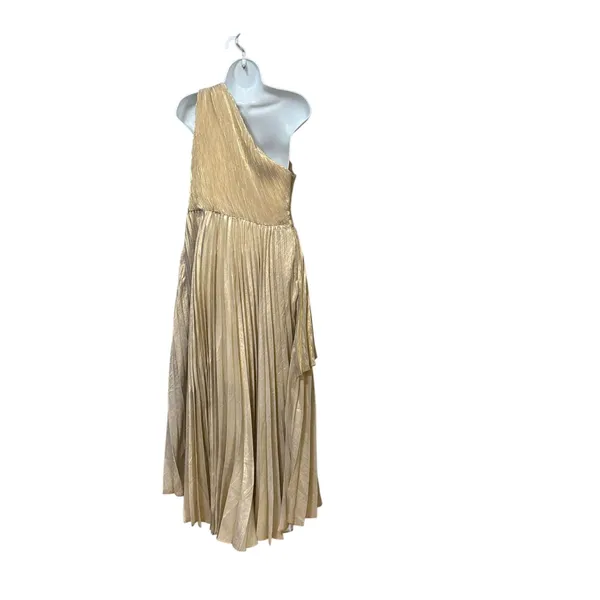 MOTF Premium Gold Metallic One Shoulder Pleated High-Low Formal Gown Size M - Image 7