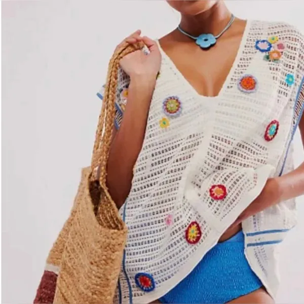 FREE PEOPLE Seaside Walkup Cover Up Top Vest Crochet Flowers Hippie Beach Resort - Image 2
