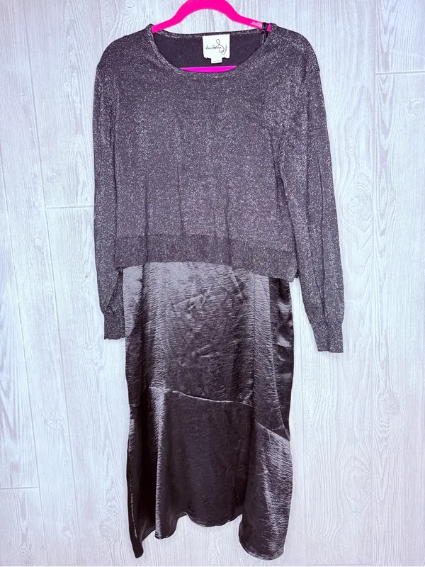 Sam Edelman Satin Slipdress Metallic Sparkle Boat Neck Sweater Black 14 - Image 3