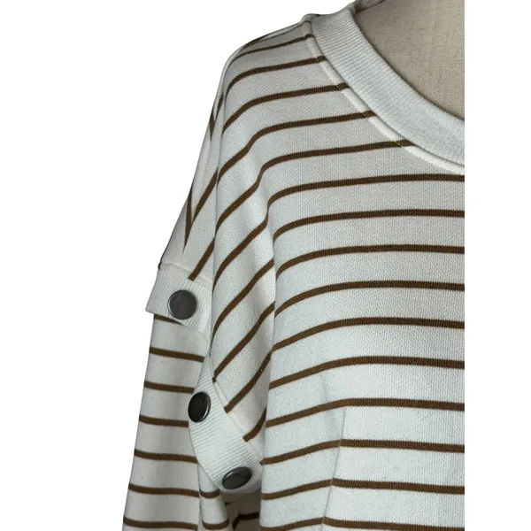 Evereve Striped Sweatshirt Women Medium Ivory Tan‎ Snap Detail Preppy Coastal - Image 5