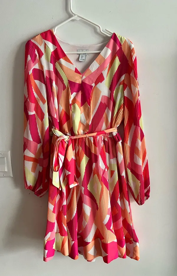 Nicole Miller NY Pleated Mini Dress Size L Multicolor Abstract V-Neck - Image 4