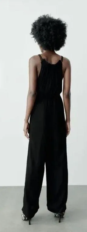 Zara Womens size Medium Crinkle Crepe Jumpsuit Beads Boho Beachy Feminine Black - Image 2