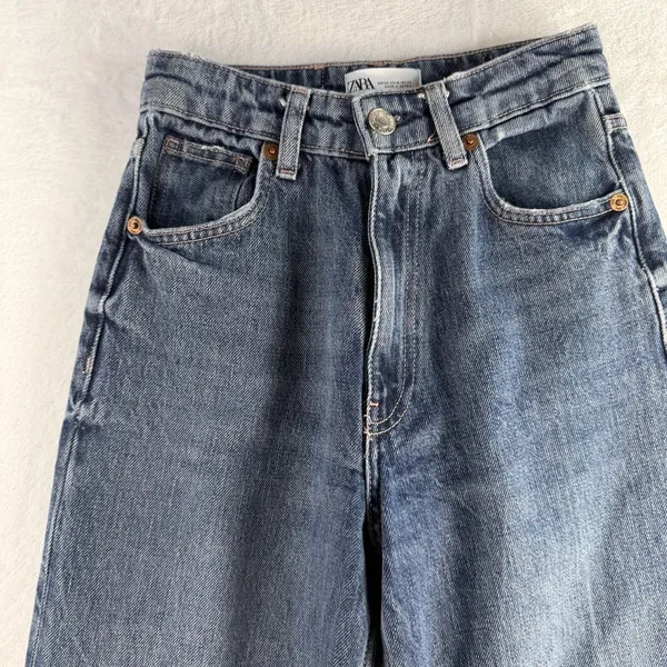 Zara‎ Sz 0 Jeans Wide Leg Raw Hem High Waisted Rise Light Wash Women's Baggy - Image 5